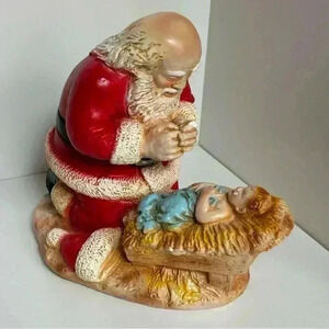 Vintage  1974 R.P. Gauer chalkware figurine: kneeling Santa with baby Jesus